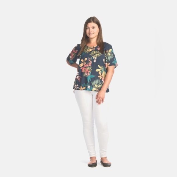 PAPILLON | Tropical Floral Women's Blouse - Navy and Multicolor - Picture 1 of 11